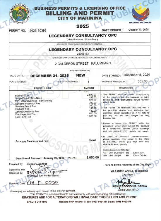 Marikina business permit for Legendary Consultancy OPC issued in 2025.